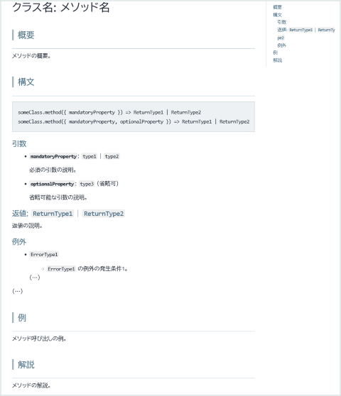 メソッドの解説ページの例。クラス名とメソッド名がページの見出しにある。続いて、概要、構文、例、解説の節があり、それぞれの節について簡単な説明が書かれている。構文の節には、呼び出し形式を説明するコードブロックと、引数、返値、および例外の項目がある。